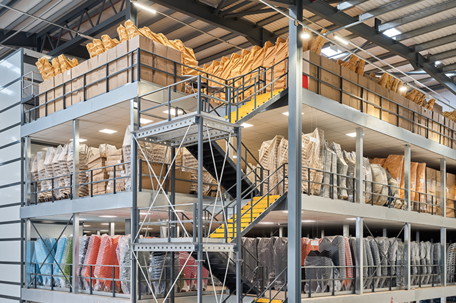 Muti-tier Mezzanine floor used for high-bay warehouse storage