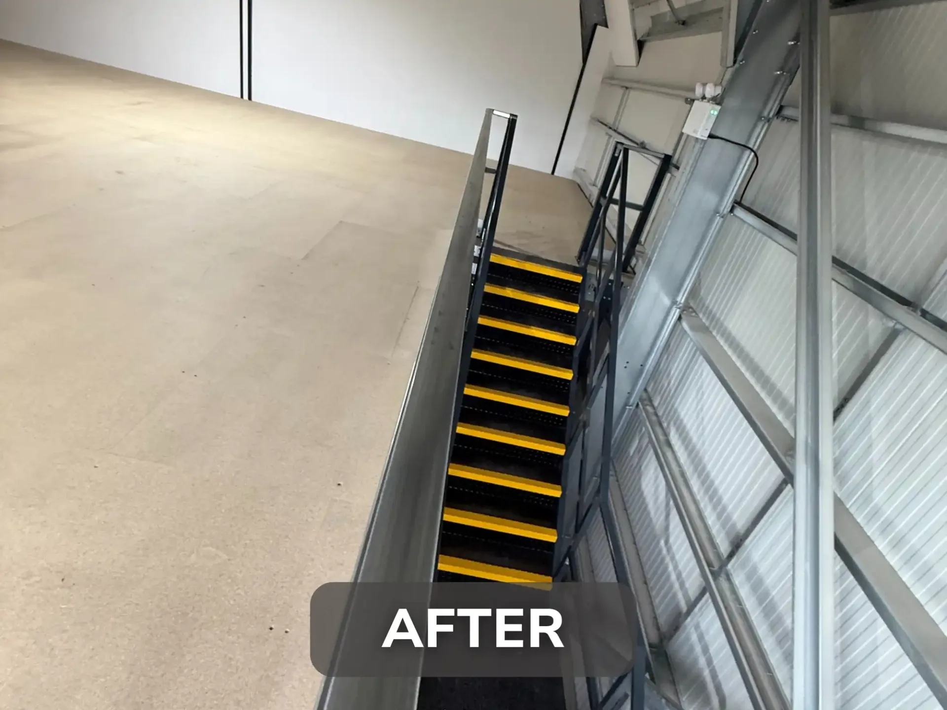 Mezzanine floor staircase and upper deck after installation at Voltec in Doncaster.